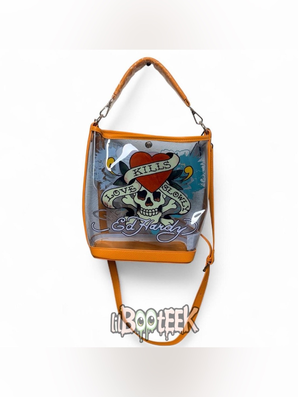 Ed Hardy Clear Crossbody Tote Bag w Orange Trim and LKS Logo NEW VIRAL Y2K
